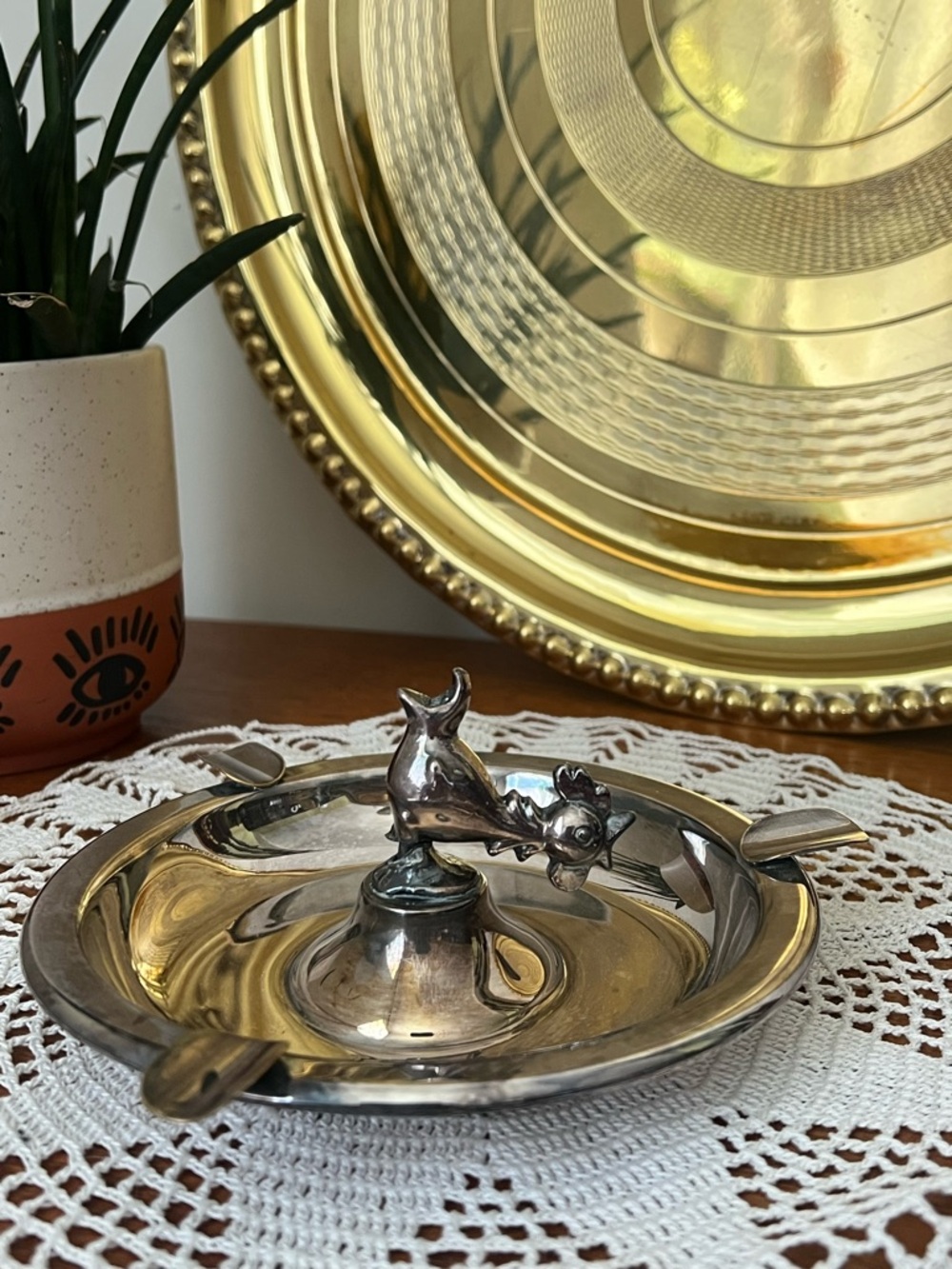 Vintage Silver Rooster Ashtray Figural Farmhouse Decor